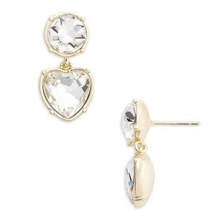 Aqua Heart and Round Crystal Drop Earrings Gold Tone Clear Faceted Stones NEW